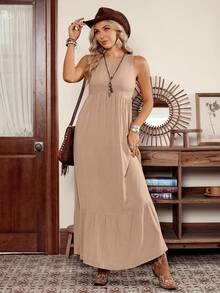 SHEIN LilyWest LanaWest 女士卡其色褶皱圆领宽松无袖系腰荷叶边下摆休闲长裙，春夏款 - 卡其色 - 查看 3