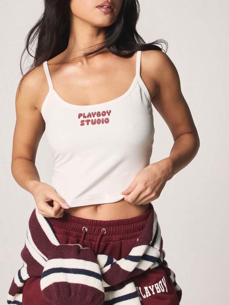 Missguided x Playboy Print Sleeveless Camisole Top Fitted Scoop Neck Cotton Tank Basic Layering Essential