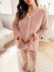 Moonlight&Mama Autumn/Winter Cozy Collar Patchwork Lace V-Neck Cardigan & Long Pants Maternity Pajama Set - Dusty Pink - View 7