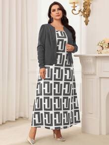 Modelyn Plus Size Casual Daily All-Over Print Dress And Solid Color Jacket 2 Pieces Set, Autumn - Dark Grey - View 6