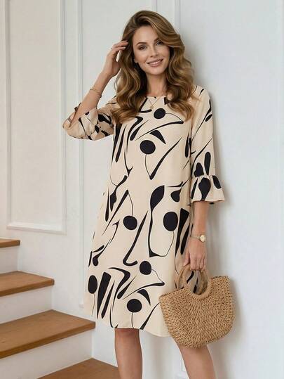 Miaspire Vestido casual de día con cuello redondo y mangas con volantes para mujer, vestido de mujer con estampado geométrico y bolsillos laterales, ropa de mujer para otoño, atuendos de maestra para mujer, atuendo de aeropuerto para mujer, vestido beige para mujer, vestidos estampados para mujer, vestido con mangas de mariposa, vestido con mangas acampanadas, vestidos con motivos para mujer, atuendos de verano, atuendos de vacaciones para mujer, atuendos para salir