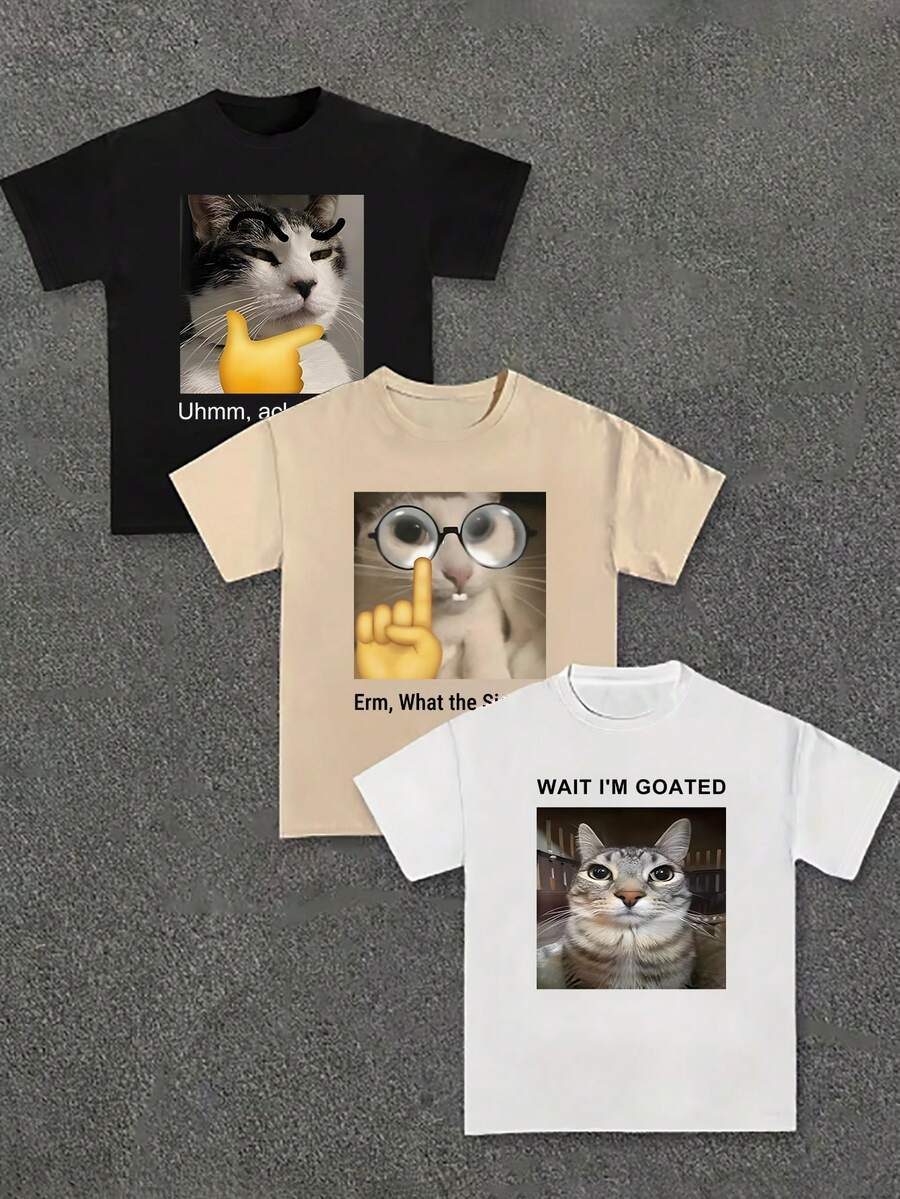 男士休闲猫咪标语印花短袖T恤，夏季 - 彩色 - 查看 1