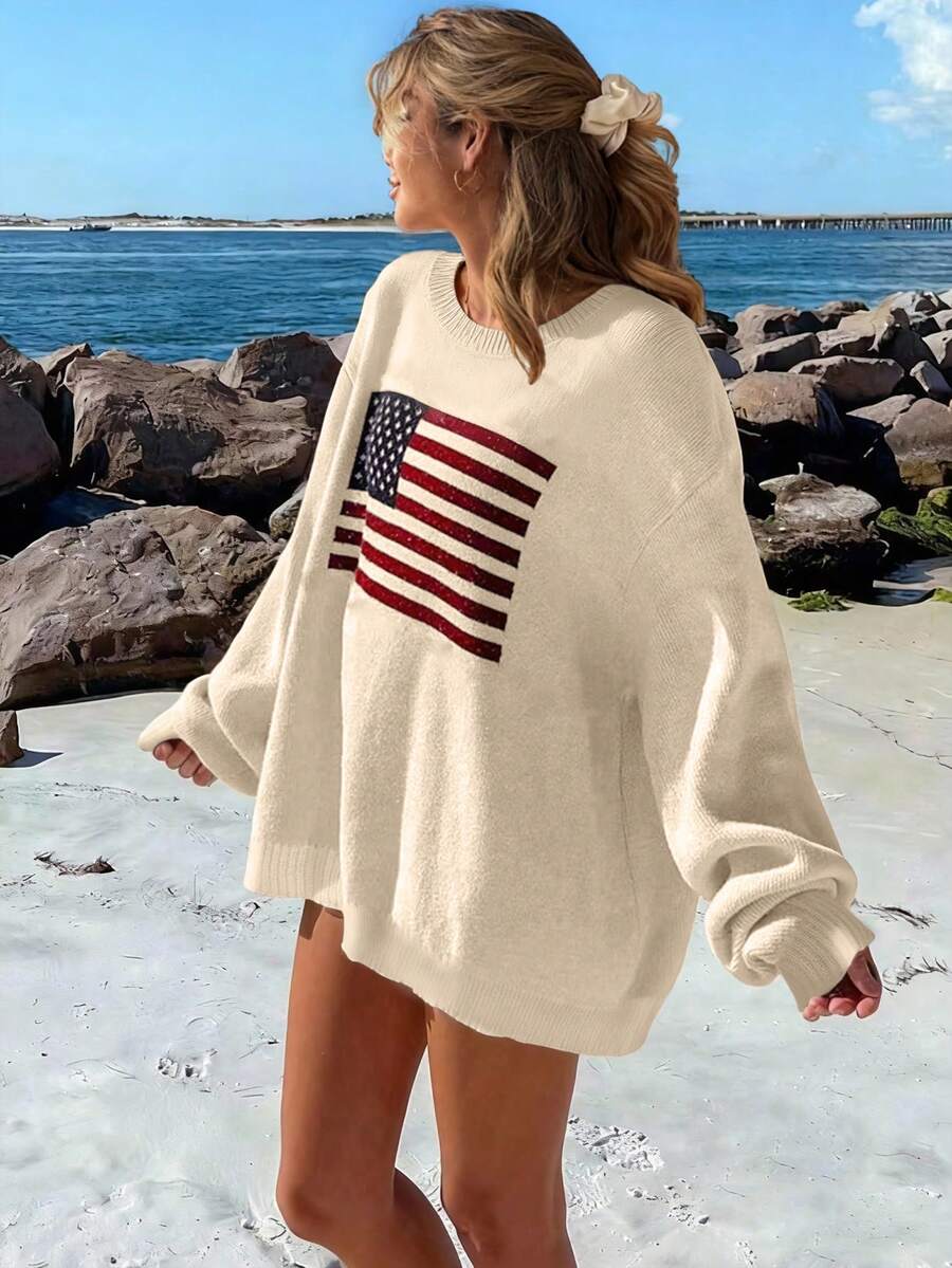 SoleilVie 女士落肩美国国旗图案毛衣，长袖针织套头衫，秋冬毛衣 - 杏色 - 查看 1