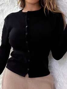 Manon Tanti Button Down Long Sleeve Sweater For Spring Y2K 90's Casual Cute Summer Holiday Airport Fall Autumn Winter Everyday Christmas Work Office Thanksgiving Chic - Black - View 6