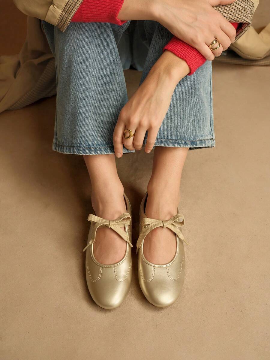 Rosivie 女士休闲百搭通勤简约系带平底鞋 - 金色 - 查看 1