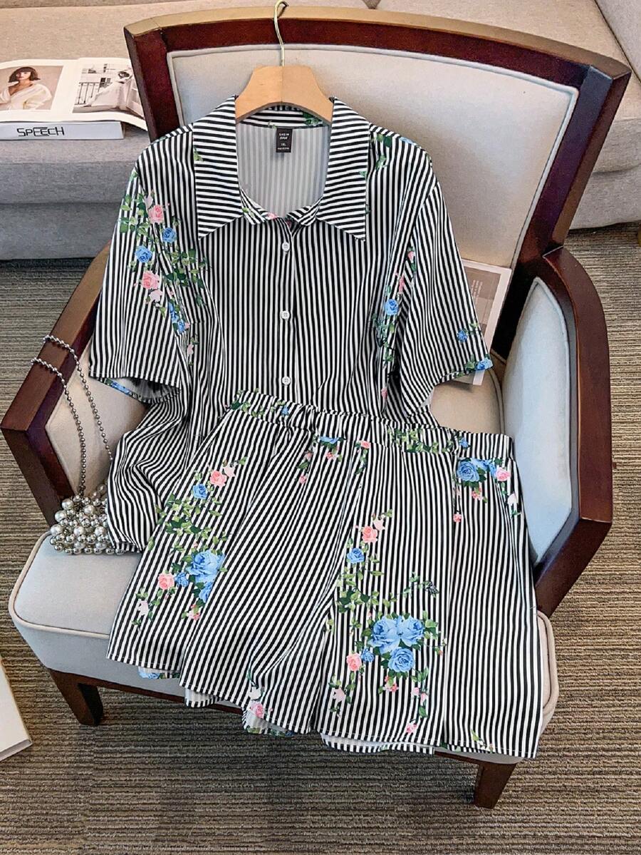 GlowEve CURVE 春夏秋季优雅通勤休闲时尚条纹花卉图案百搭舒适面料衬衫领七分袖上衣搭配松紧腰短裤两件套，蓝白配色，大码 - 黑色 - 查看 1