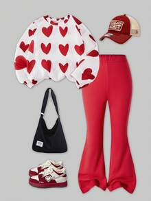 SHEIN Ensemble 2 pièces sweat-shirt imprimé cœur rouge et pantalon évasé pour jeune fille, style casual. Convient pour la maison, les sorties, les fêtes et les vacances, automne/hiver - Rouge - Voir 6