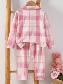 2pcs/Set Young Girl' Sweet Pink Plaid Print Bunny Embroidery Casual Comfortable Revere Collar Cardigan & Pants Homewear Set - Pink - View 2