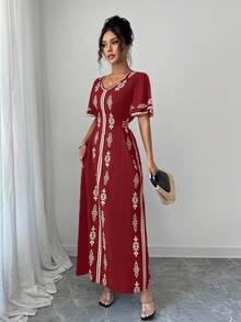 Elenzga New Elegant V-Neck Fashion Placement Print Women Dress - Burgundy - View 5