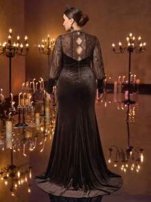 Glamrae Plus Size Elegant Luxurious Black Sheer Long Sleeve Lace & Velvet Patchwork High Slit Fishtail Maxi Dress With Train, Suitable For Weddings, Parties, Vacations, Galas, Formal Events (Heavily Embellished), Valentine's Day - Coffee Brown - View 2
