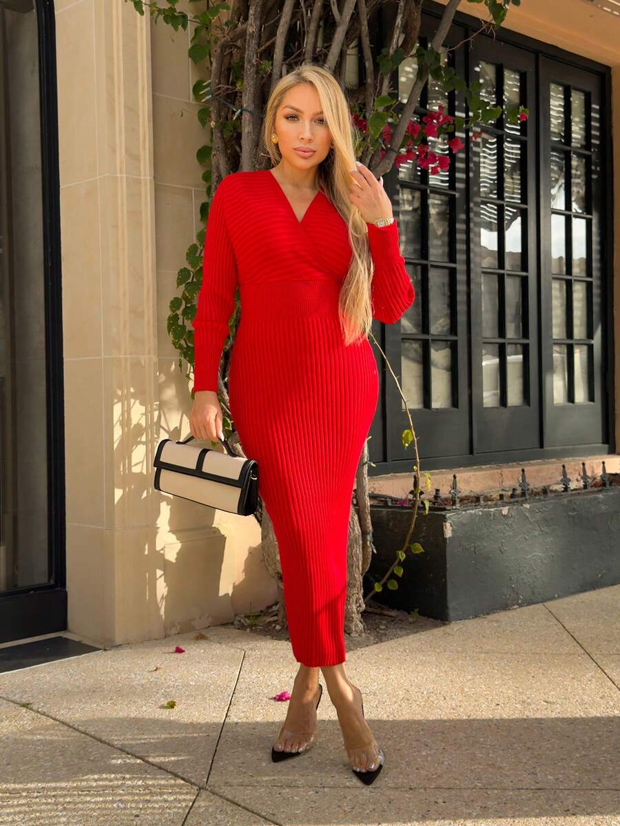 Cioccolato Women Sexy Elegant White V-Neck Off Shoulder Long Sleeve Fitted Sweater Dress, Suitable For Daily Wear, Office, Date, Casual, Party, Thanksgiving, Christmas White Midi Dress White Long Sleeve Dress White Bodycon Dress Ribbed Midi Dress In Fall/Winter Low Cut Dress Red Long Sleeve Dress Tight Long Dress Ribbed Dress Red Dress,Christmas - Red - View 1