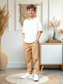 SHEIN Bộ đồ nam 2 món Tween Boy, Áo thun Polo tay ngắn + Quần tây, Trang phục trang trọng thanh lịch cho tiệc sinh nhật, đám cưới, kỷ niệm, tốt nghiệp - Màu Khaki - Xem 4