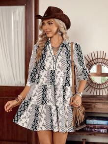 SHEIN LilyWest LanaWest 女士复古多色拼接印花 V 领连衣裙，黑色条纹泡泡袖，黑色树脂纽扣，宽松层叠荷叶边下摆，西部浪漫风格 - 彩色 - 查看 7