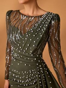 Serin 优雅奢华的深绿色缎面褶皱连衣裙，饰有刺绣亮片，适合婚礼、派对、节日、新娘、新娘母亲、晚礼服等场合。 - 墨綠色 - 查看 2