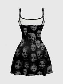 ROMWE Grunge Punk Robe nuisette mini sexy avec imprimé poupée d'horreur sombre pour femmes - Noir - Voir 2