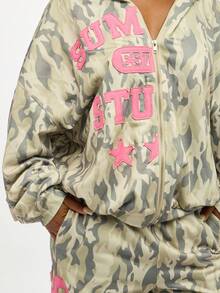 SUMWON Sudadera con capucha con cremallera y estampado de camuflaje de talla grande con gráficos en rosa - Multicolor - Ver 4