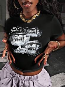 Rovax Áo thun nữ tay ngắn cổ tròn in họa tiết, màu đen, dáng lửng. - màu đen - Xem 3