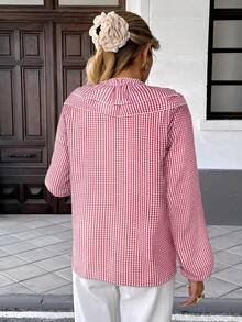 Serisse Áo kiểu nữ casual kẻ caro tay phồng buộc dây phía trước, thích hợp cho mùa thu. - Màu Đỏ Sâu - Xem 2