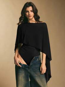 Poéselle 女士纯色不对称领口褶皱连体衣 - 黑色 - 查看 3