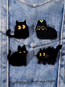 Zazumi 1/4pcs Black Cat Cartoon Metal Pin Badges For Backpack Jacket Lapel Gothic Punk Decor Alternative Fashion Accessories Gift Set - Black - View 1