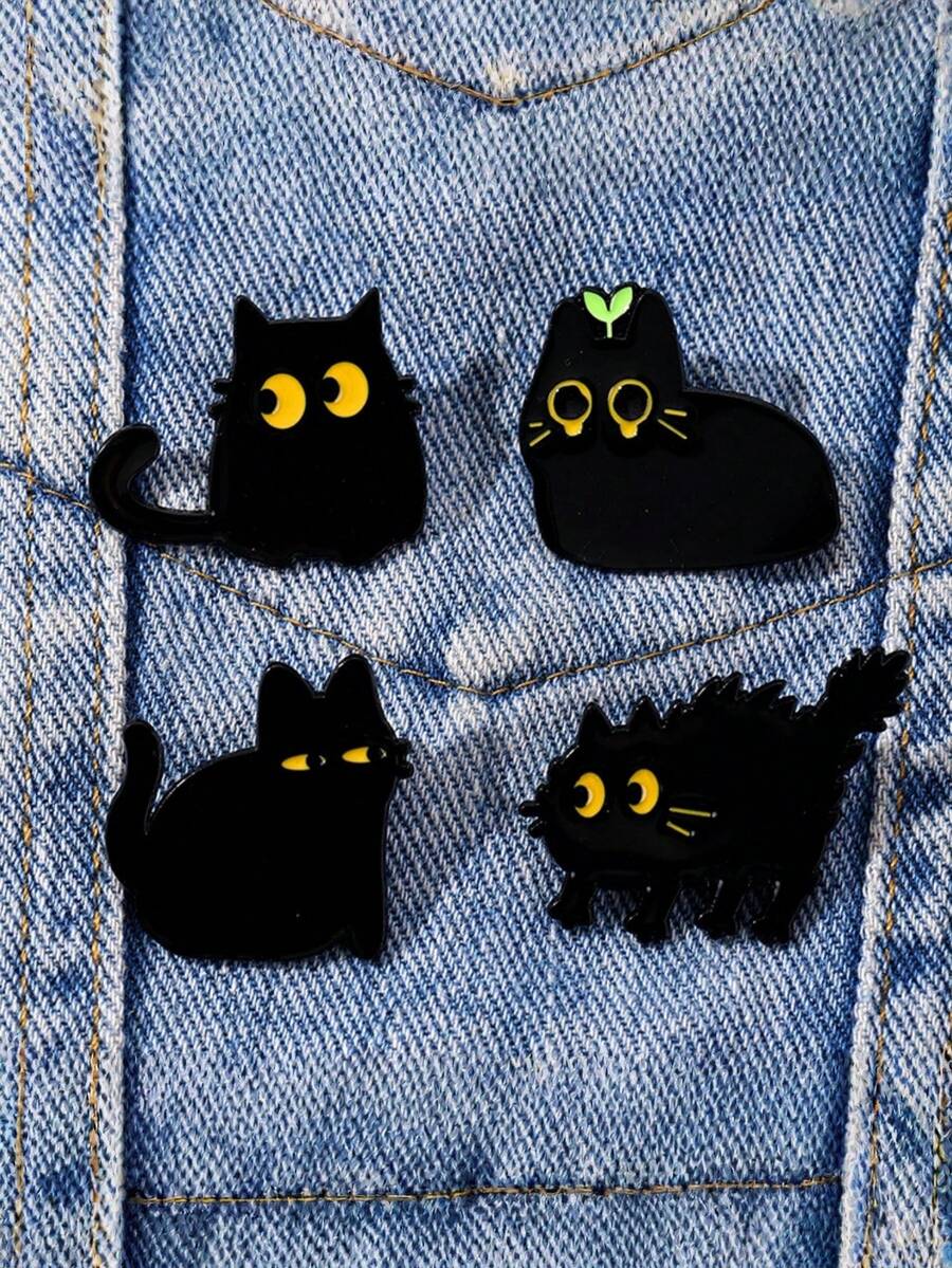 Zazumi 1/4pcs Black Cat Cartoon Metal Pin Badges For Backpack Jacket Lapel Gothic Punk Decor Alternative Fashion Accessories Gift Set - Black - View 1