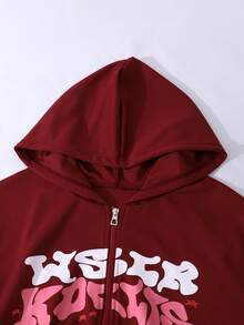 Sparklyn Bộ 3 món đồ thể thao và mặc nhà thoải mái, thời trang, có khóa kéo phía trước, chất liệu vải dệt kim in họa tiết, dáng rộng, màu hồng trơn, dành cho thanh thiếu niên. - Màu Đỏ Sâu - Xem 5