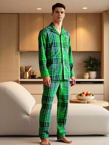 Velminro Men's Plaid Front Button Casual Loose Fit Pajama Set, Long Sleeve - Green - View 6