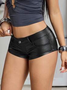 Jeanoix Y2K Sexy Faux Leather Coated Low Waist Mini Shorts - Black - View 3