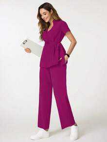 TaskEZ Solid Color V-Neck Short Sleeve Side Knot Top And Pants Nursing Scrub Uniform Set - Hot Pink - View 6