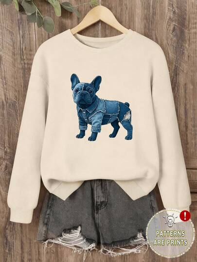 EMERY ROSE Cute Puppy Print Loose Fit Crew Neck Sweatshirt, Suitable For Outdoor, Sports, Students, Teachers, Casual Wear, Comfortable