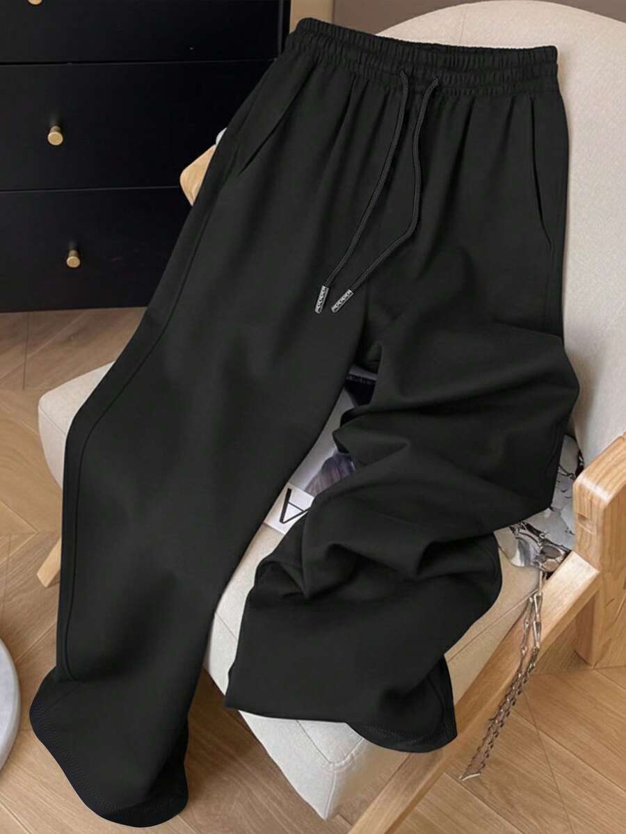 Resyla Plain 's Long Wide Leg Sweatpants With Pockets Casual Knitted Fabric - Black - View 1