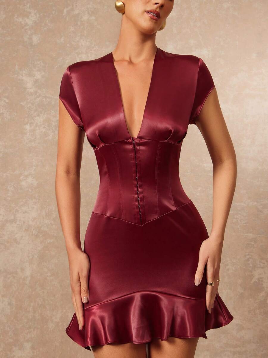 Lumalex VITNOS 深V领修身纽扣设计性感迷你荷叶边短袖连衣裙，酒红色