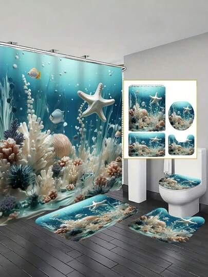 1件套海星和贝壳印花创意浴帘套装，装饰浴室套装包括浴帘、防滑垫、马桶座圈、浴垫和12个塑料挂钩，浴室配件，家居装饰。