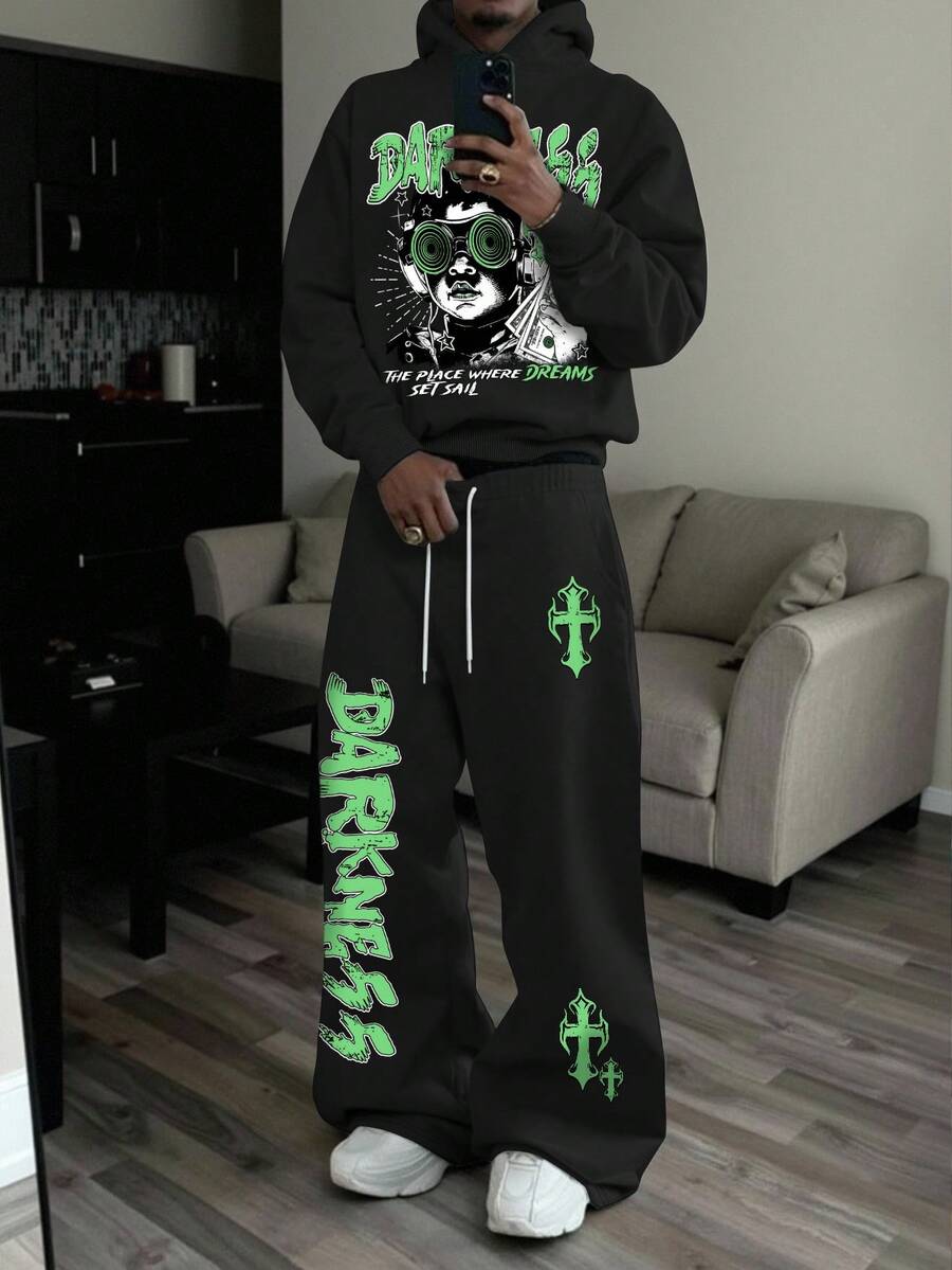 STEELVANCE 男士人像十字标语印花街头风连帽衫和运动裤套装,秋冬男装两件套,圣诞礼物,女士冬季服装两件套,男士两件套,男装,男士服装,男士套装,男士两件套 - 黑色 - 查看 1