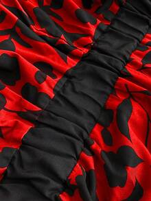 Maweii 大码优雅印花撞色腰部喇叭袖连衣裙，秋季款 - 紅色 - 查看 7