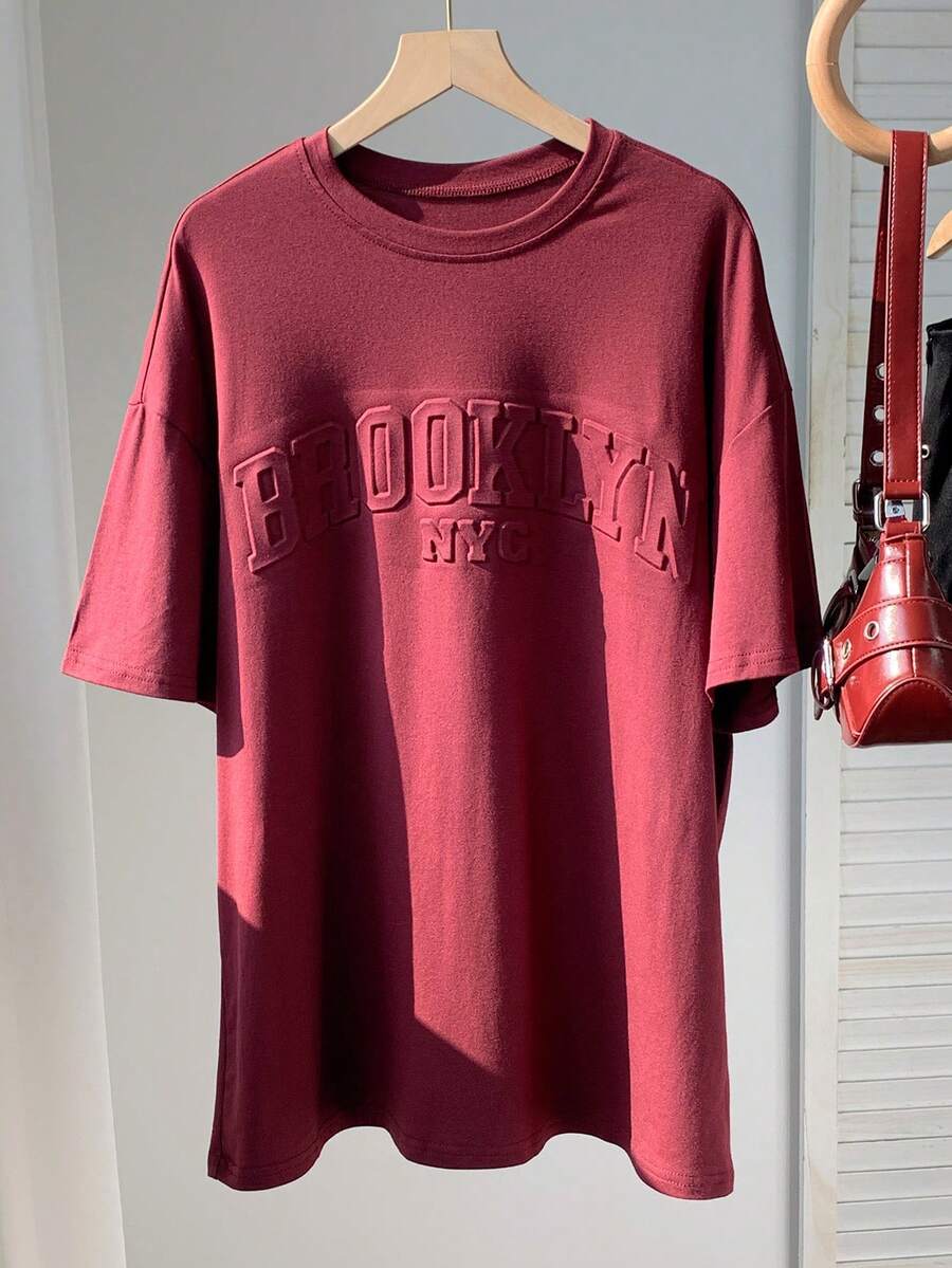 SHEIN EZwear Summer Tops Pink Solid Letter Embossed Drop Shoulder Tee