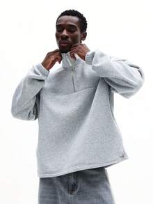 SUMWON 男士半拉链套头卫衣，漏斗领长袖，休闲周末冬季舒适款纯色 - 灰色 - 查看 3