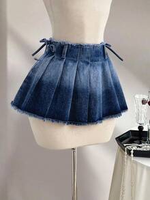 Elamini 女士时尚日常水洗毛边褶皱牛仔迷你裙，夏季 - 深色水洗藍 - 查看 7