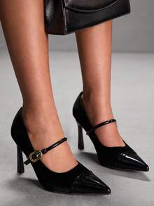 CUCCOO SZL 女士优雅尖头搭扣高跟鞋，适合通勤 - 黑色 - 查看 7