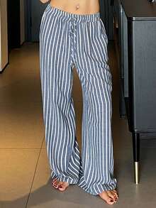 DAZY 女士系带条纹宽松睡裤 - 藍白色 - 查看 3