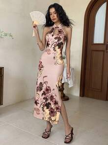 EastFlair 女士碎花印花优雅中长连衣裙，纽扣设计，适合度假