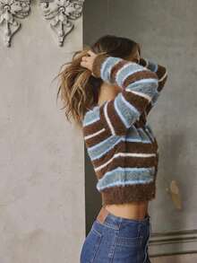 Aralina Vintage Stripe Fuzzy Knit Button Down Long Sleeve Cozy Winter For Women Cardigan - Multicolor - View 6