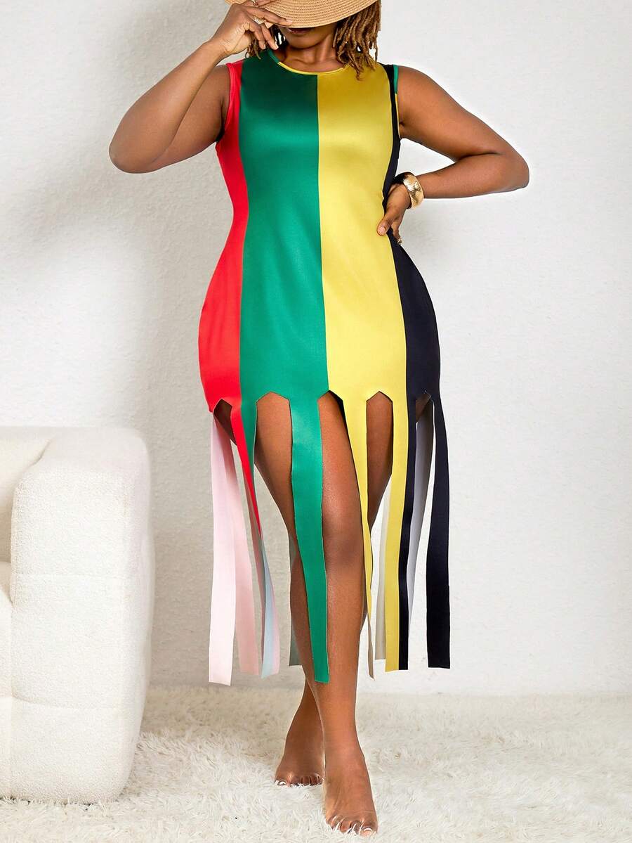 Slaydiva Robe mi-longue sans manches pour femmes grandes tailles - Multicolore - Voir 1