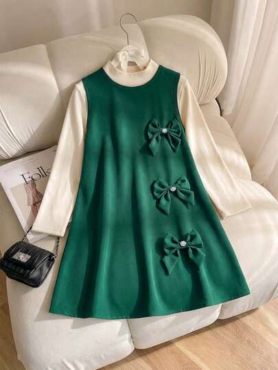 SHEIN Green Bow Tie Waist Casual Dress, Comfortable And Elegant, Suitable For Indoor And Outdoor Wear, Appropriate For Spring And Autumn