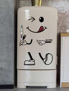 Zazumi Playful Smiling Cartoon Face Wall Sticker Adhesive PVC Decal Kitchen Bedroom Removable Home Decor For Refrigerator Cabinet Entryway Background With Cute Knife Fork Design Modern Simple Easy DIY Apply - Multicolor - View 1