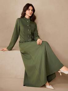 Graceveil 女士修身高档外套和A字中长裙套装（2件套），适合办公室穿着 - 軍綠色 - 查看 7