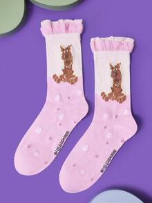 SCOOBY-DOO X SHEIN 1 Pair Cartoon Dog Print Layered Ruffle Trim Mid-Calf Socks For Women - Multicolor - View 2