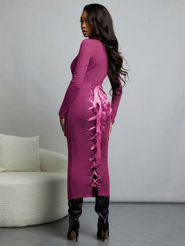 NYA SZN Dress Long Sleeve Turtle Neck Fitted Sweater Business Casual Everyday Cool Girl Ibiza Gyaru Holiday Midi Length Fall Winter Carnival Outfits Women