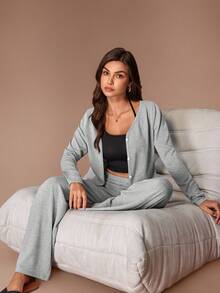 Lazeform 女士休闲三件套，包括开衫、吊带背心和直筒裤，宽松家居服，也可外出穿着，秋季款 - 淺灰色 - 查看 5