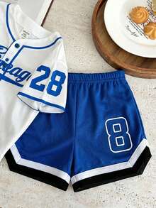 SHEIN 2pcs Baby Boy/Girl Letter Print V-Neck Short Sleeve Top And Elastic Waist Shorts Set - Blue and White - View 5